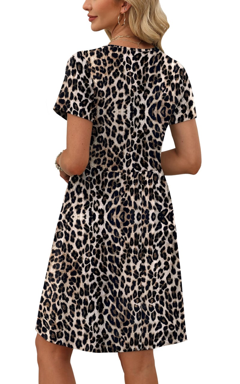 OFEEFAN Leopard Print Dress Animal Print Short Sleeve Empire Waist Dress for Women Party Dresses Women's Casual Dresses Leopard Print M - Image 4