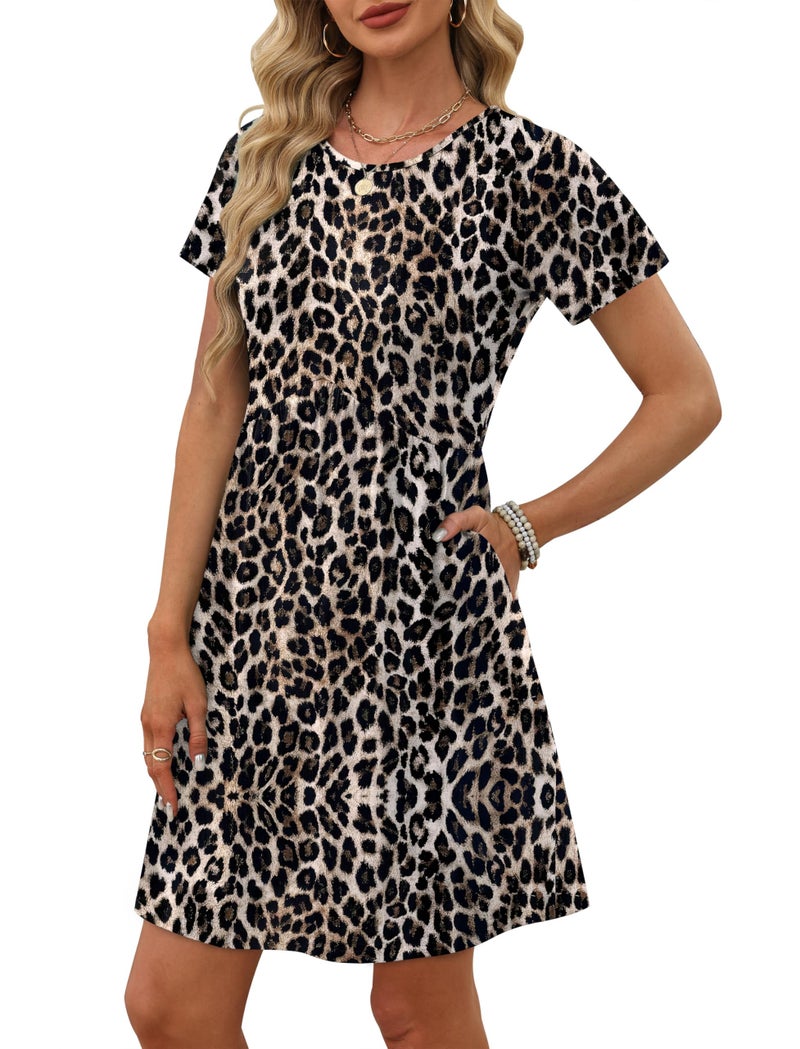 OFEEFAN Leopard Print Dress Animal Print Short Sleeve Empire Waist Dress for Women Party Dresses Women's Casual Dresses Leopard Print M - Image 3