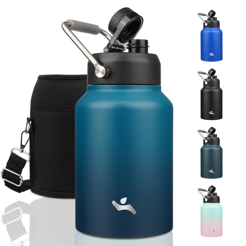 Konokyo Half Gallon Jug with Handle,64 oz Insulated Water Bottle with Carrying Pouch,Double Wall Vacuum Stainless Steel Metal Bottle,Indigo Black - Image 1