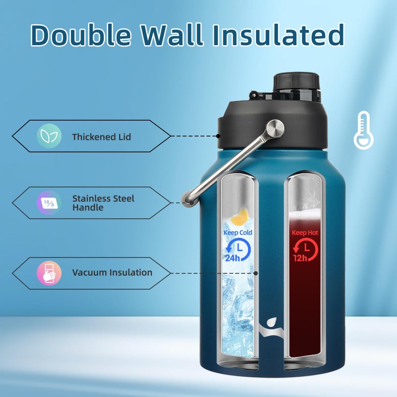 Konokyo Half Gallon Jug with Handle,64 oz Insulated Water Bottle with Carrying Pouch,Double Wall Vacuum Stainless Steel Metal Bottle,Indigo Black - Image 3