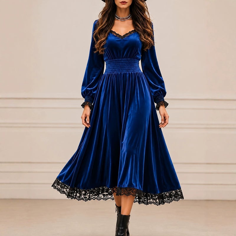 2026 European-American Women's Elegant Lace Velvet Evening Gown Dress