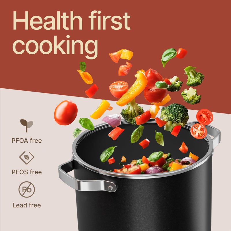 BAKKENMASTER Bakken 8.5 Quart Ceramic Coated Stock Pot with Lid, Easy Clean Nonstick Pot, Tempered Glass Lid, Riveted Stainless Steel Handles, Oven Safe Up To 500Â°F, PTFE & PFAS Free, All Stove Compatible, Black - Image 5