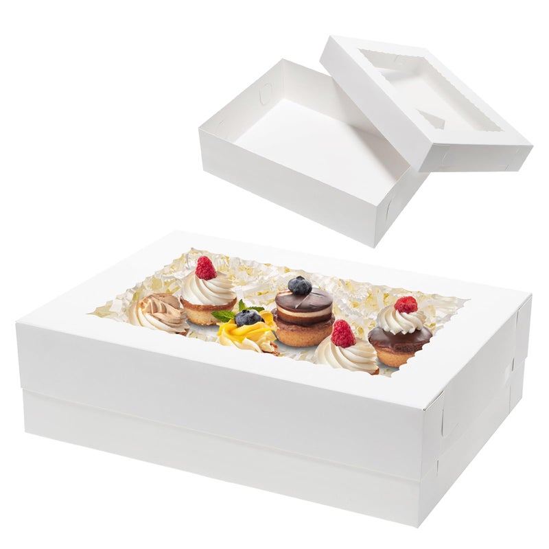 Mcfleet 10pcs 14x10x4 Cake Boxes with Window Rectangle Quarter Sheet Bakery Boxes for Pastry Baking Cake, Cupcakes, Donuts, Cookies, Pie Treat Packaging White Large - Image 1