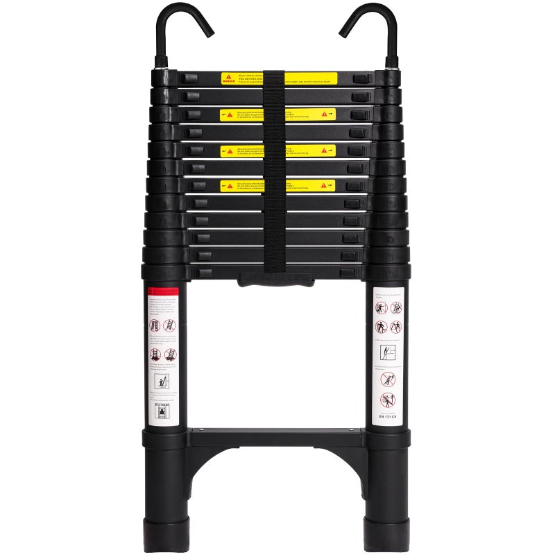 BOCOM 12.5 FT Aluminum Telescoping Ladder with Hooks, Lightweight Multi-Purpose Collapsible Extension with 2 Triangle Stabilizers, Heavy Duty 330 lbs Max Capacity for Home, RV, and Outdoor Work Black - Image 1