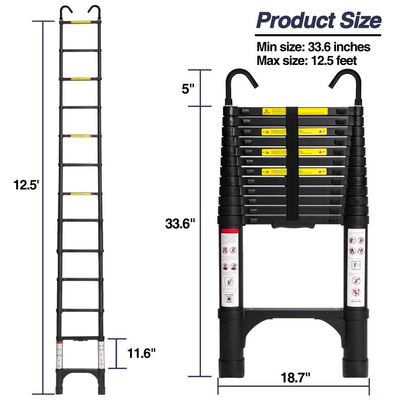 BOCOM 12.5 FT Aluminum Telescoping Ladder with Hooks, Lightweight Multi-Purpose Collapsible Extension with 2 Triangle Stabilizers, Heavy Duty 330 lbs Max Capacity for Home, RV, and Outdoor Work Black - Image 5
