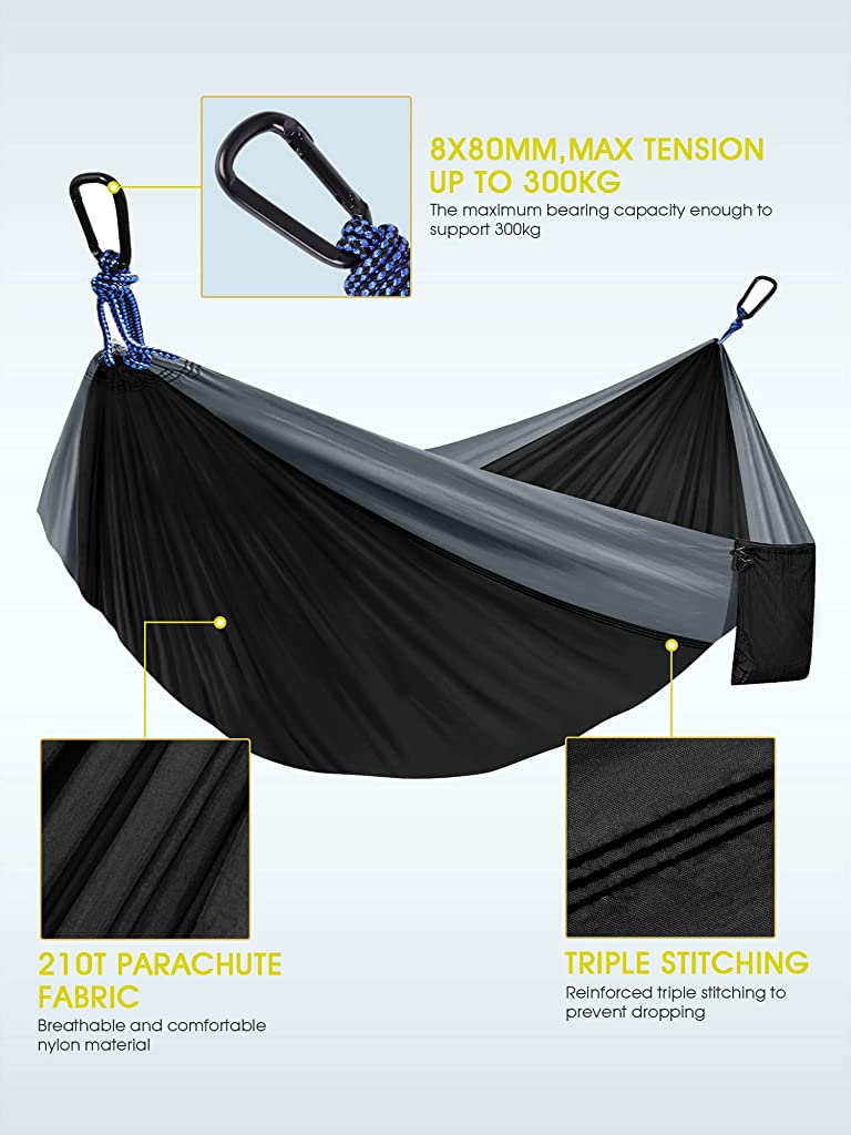 SUPVOX Supvox Hammock for Camping Outdoor Activities with 2 Fixing Straps Hammock Swing for Adults Kids Portable Ultralight Nylon Hammock for Travel Beach Trekking Maximum 200kg Load 275 x 140cm Black  - Image 2