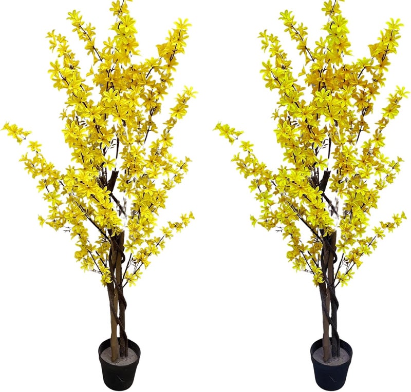 AMERIQUE Pair AMERIQUE 4 Feet Artificial Plant Yellow Forsythia Suspensa Trees with Nursery Pots - Image 1