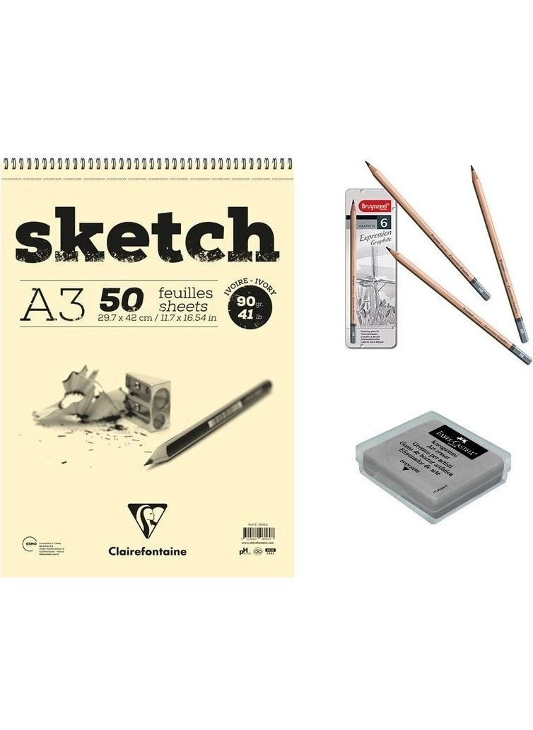 Esquisse Ivory A3 Short Edge Spiral Sketch Sketchbook and Bruynzeel 6-Piece Pencil and Dough Eraser - pzsku/ZCF9BFDC989EB706B806AZ/45/_/1725792228/62f97149-97e8-4307-a77f-72de34fac39a