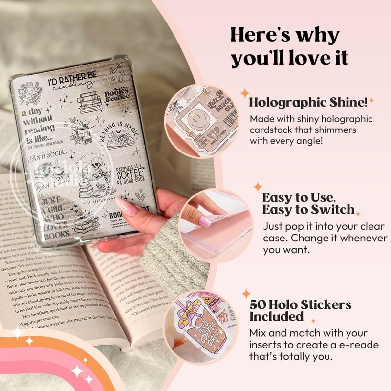 Kaciola 12PCS Inserts Cardstock Paper for E-Reader, and 50PCS Scrapbook Stickers for Clear Case, 6.9"x4.8" Coffee Theme E-Reader Back Cover Insert Decorating Accessories for Paper White 11th-12th - Image 4