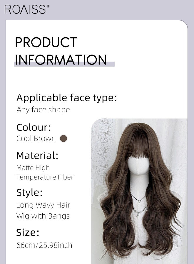 roaiss Long Wavy Cool Brown Hair Wig with Bangs, Women's Natural Soft Synthetic Heat Resistant Hair Wig for Wedding Cosplay Party Daily Use, 66cm (25.98 inches) - Image 2