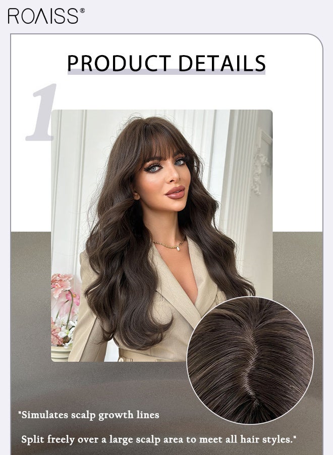 roaiss Long Wavy Cool Brown Hair Wig with Bangs, Women's Natural Soft Synthetic Heat Resistant Hair Wig for Wedding Cosplay Party Daily Use, 66cm (25.98 inches) - Image 4
