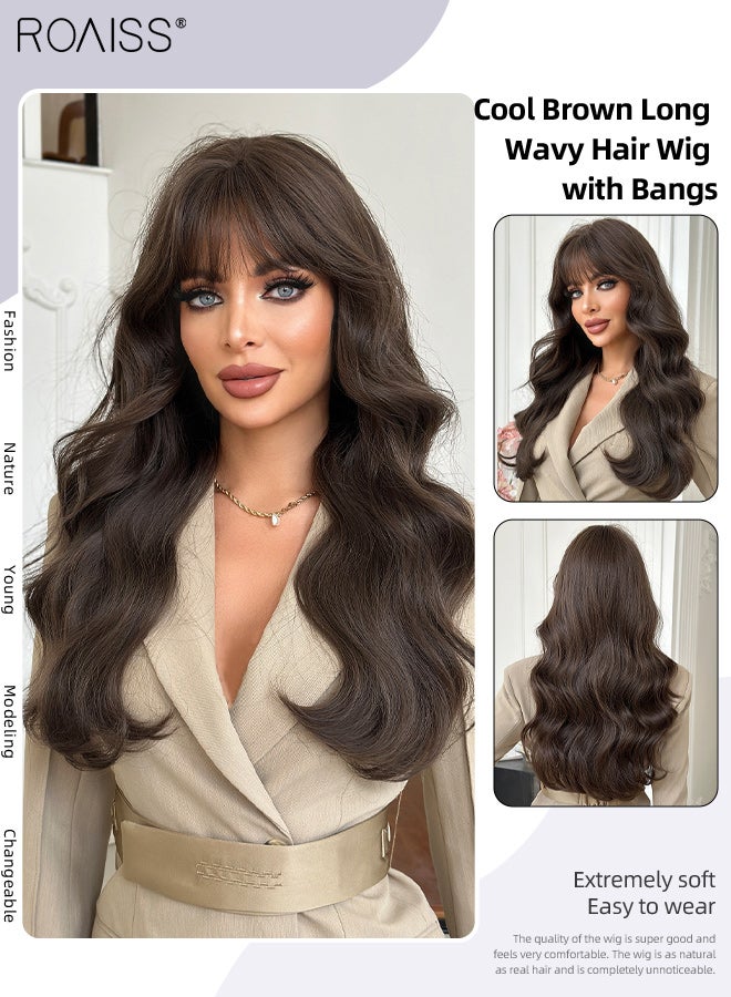 roaiss Long Wavy Cool Brown Hair Wig with Bangs, Women's Natural Soft Synthetic Heat Resistant Hair Wig for Wedding Cosplay Party Daily Use, 66cm (25.98 inches) - Image 1