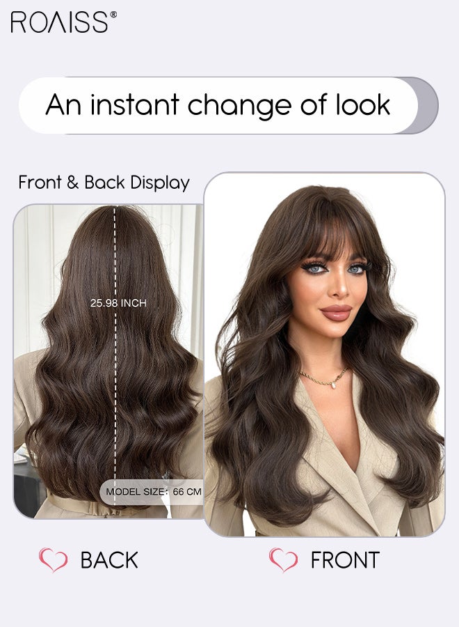 roaiss Long Wavy Cool Brown Hair Wig with Bangs, Women's Natural Soft Synthetic Heat Resistant Hair Wig for Wedding Cosplay Party Daily Use, 66cm (25.98 inches) - Image 3