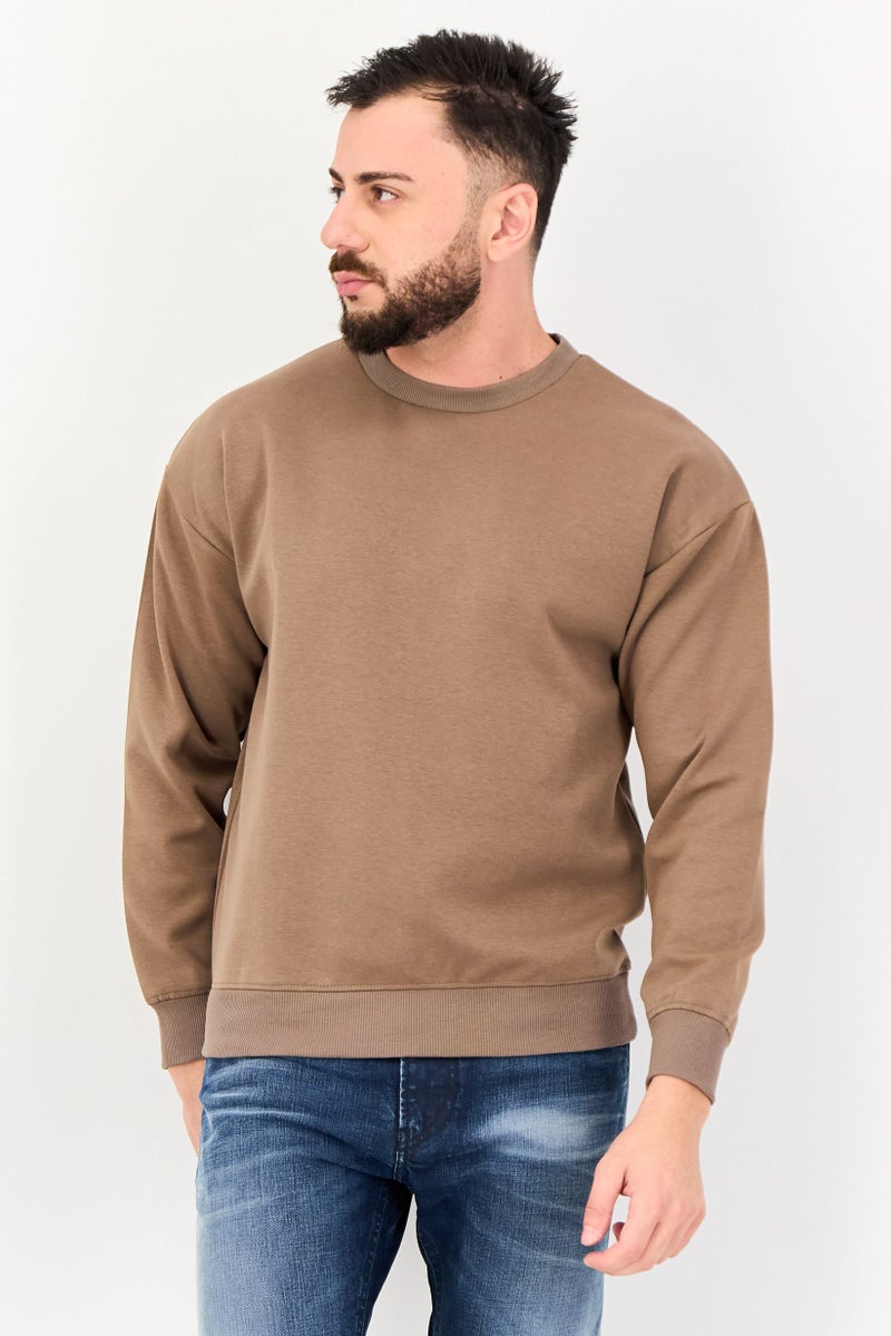 Core Elements سويت شيرت رجالي بأكمام طويلة بياقة دائرية، بني - Image 1