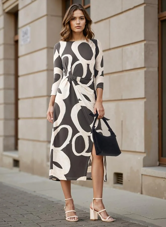 ايكونيك Iconic All-Over Print Dress with Drape Detail