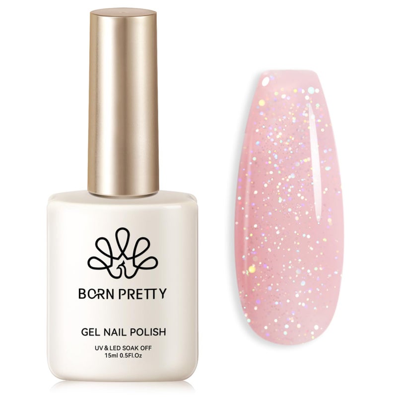 Born Pretty Jelly Gel Nail Polish Jelly Glitter Pink Gel Polish Holographic Shimmer Pink Natural Translucent Soak Off Hema-Free Gel Polish Nail Art DIY 15ML - Image 1