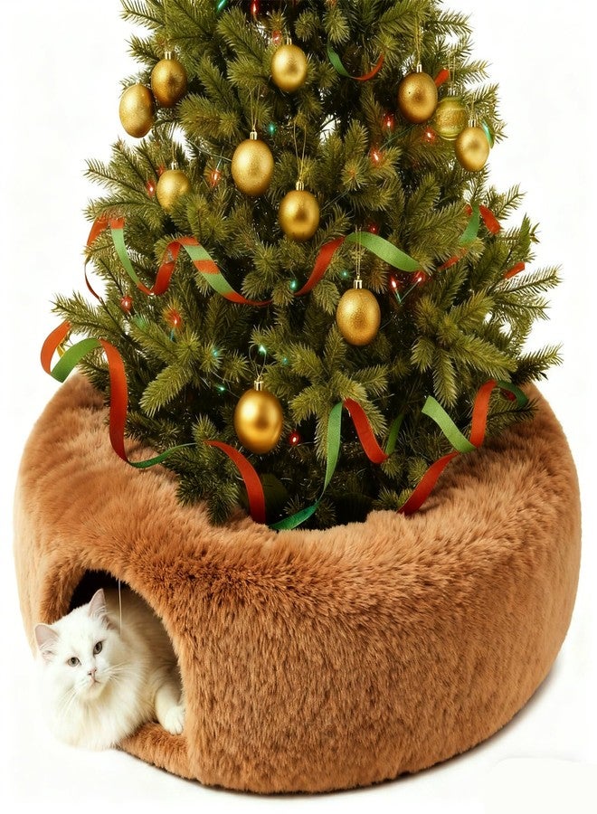 Kvittra Cat Tunnel Christmas Tree Skirt， Cat Bed Under The Xmas Tree, Soft Plush Kitty Tunnel Bed with Washable Cushion, Two-Entry Peekaboo Round Christmas Cats Donut for Kitten Puppy Rabbit Ferret (Brown) - Image 1