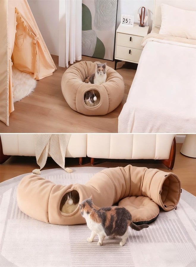 Kvittra Cat Tunnel Christmas Tree Skirt， Cat Bed Under The Xmas Tree, Soft Plush Kitty Tunnel Bed with Washable Cushion, Two-Entry Peekaboo Round Christmas Cats Donut for Kitten Puppy Rabbit Ferret (Brown) - Image 4