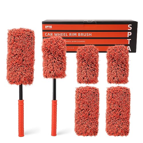 SPTA Car Wheel Brush Set, 2Pcs Microfibre Rim Brush with Extra 2 Large and 2 Small Interchangeable Microfiber Covers, Rim Cleaner Brush for Wheel Cleaning, Wheel Cleaning Brush for All Wheel Types - Image 1