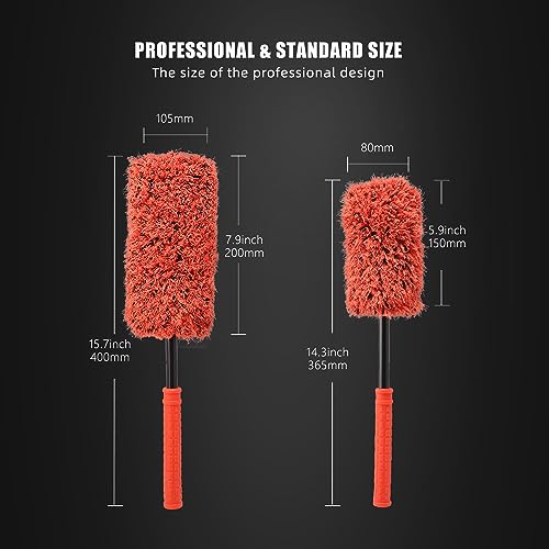 SPTA Car Wheel Brush Set, 2Pcs Microfibre Rim Brush with Extra 2 Large and 2 Small Interchangeable Microfiber Covers, Rim Cleaner Brush for Wheel Cleaning, Wheel Cleaning Brush for All Wheel Types - Image 2