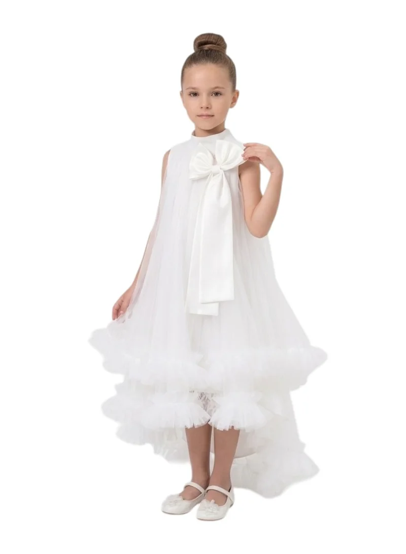 Bidani Girls’ White Ruffle Tulle High-Low Gown