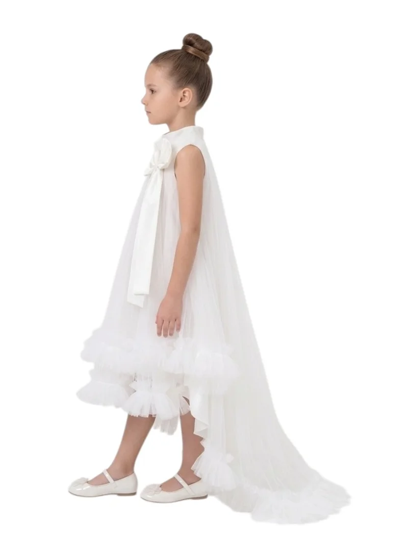 Bidani Girls’ White Ruffle Tulle High-Low Gown