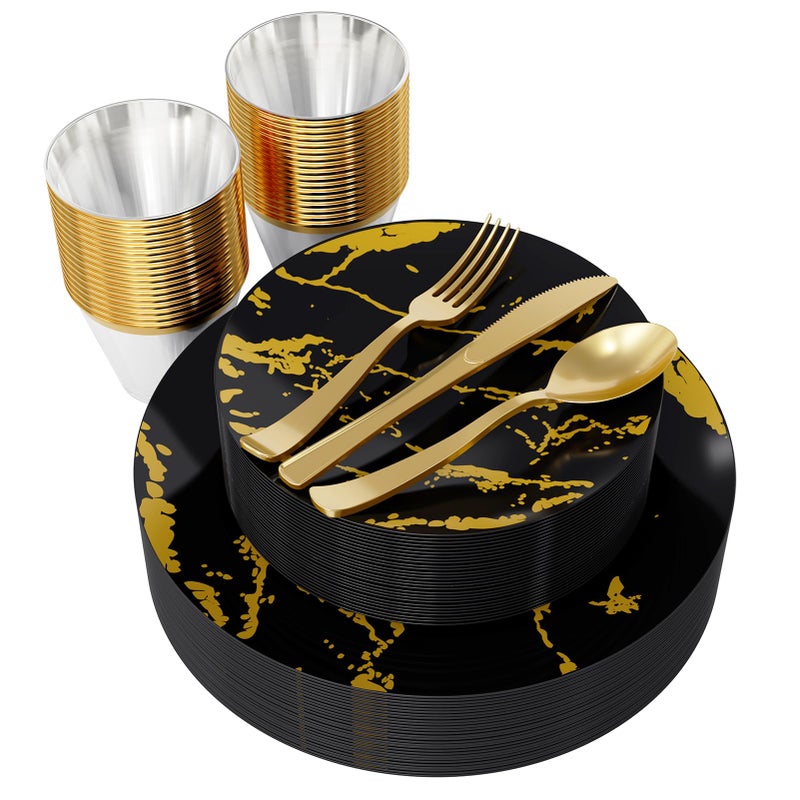 JOLLY PARTY 180PCS Disposable Dinnerware Set 30 Guest 60 Black and Gold Plastic Plates 30 Silverware 30 Plastic Cups Marble Design Dinnerware for Halloween Wedding and Parties