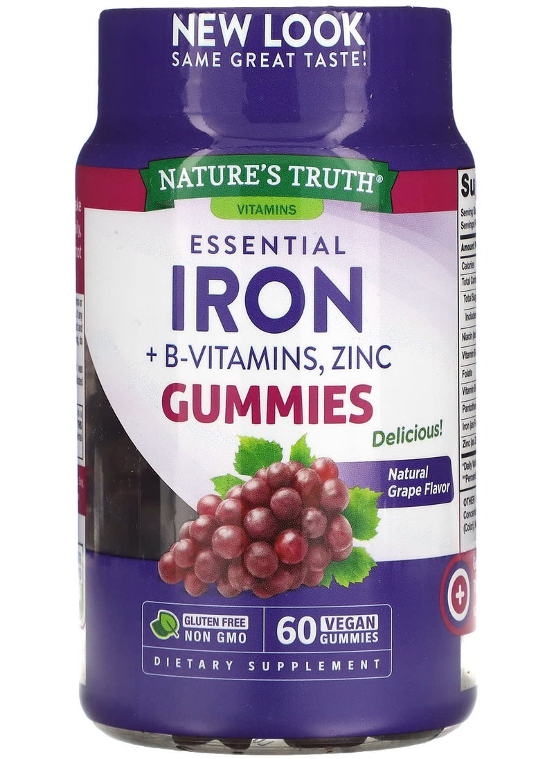 Nature's Truth Essential Iron + B-Vitamins, Zinc, Natural Grape, 60 Vegan Gummies 