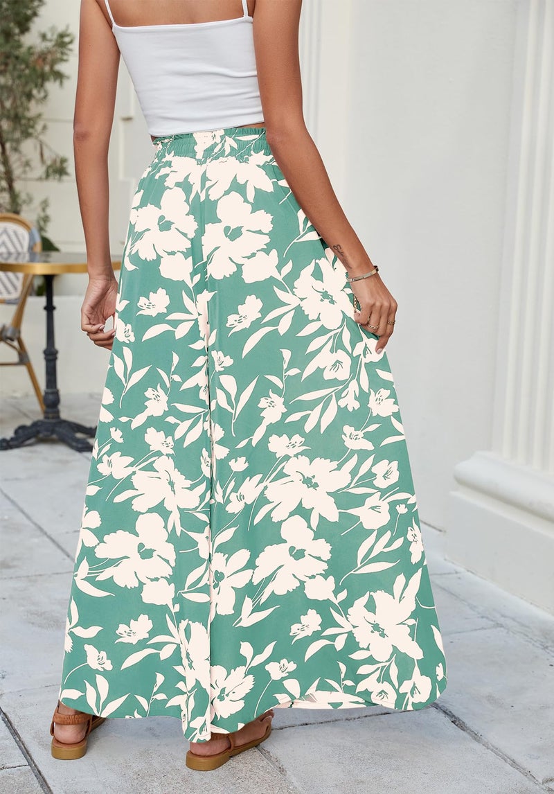 SimpleFun Vacation Pants for Women Floral Drawstring Pants Casual Womens Palazzo Trousers with Pockets Floral Green M - Image 3