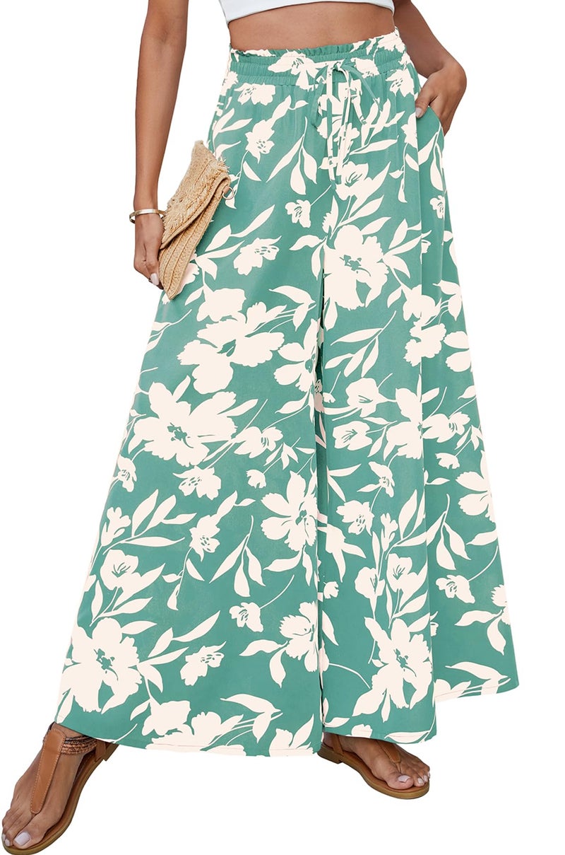 SimpleFun Vacation Pants for Women Floral Drawstring Pants Casual Womens Palazzo Trousers with Pockets Floral Green M - Image 1