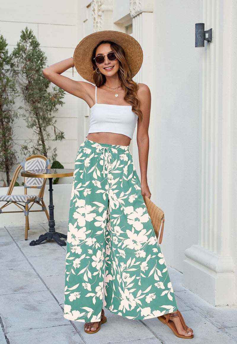 SimpleFun Vacation Pants for Women Floral Drawstring Pants Casual Womens Palazzo Trousers with Pockets Floral Green M - Image 5