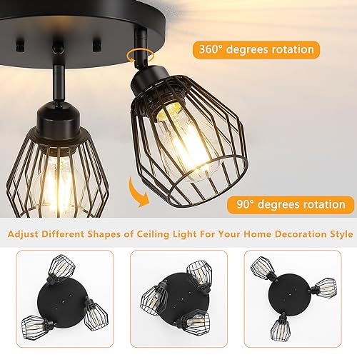 Baocuz 3-Light Kitchen Light Fixtures Ceiling Mount, Adjustable Multi-Directional Farmhouse Black Metal Cage Flush Mount Ceiling Light Fixtures for Hallway Dining Room Entryway - Image 5