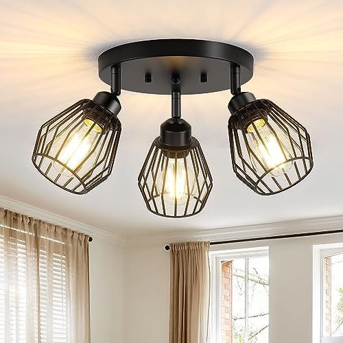 Baocuz 3-Light Kitchen Light Fixtures Ceiling Mount, Adjustable Multi-Directional Farmhouse Black Metal Cage Flush Mount Ceiling Light Fixtures for Hallway Dining Room Entryway - Image 1