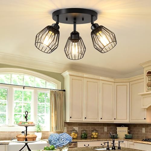 Baocuz 3-Light Kitchen Light Fixtures Ceiling Mount, Adjustable Multi-Directional Farmhouse Black Metal Cage Flush Mount Ceiling Light Fixtures for Hallway Dining Room Entryway - Image 4