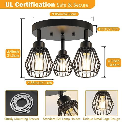 Baocuz 3-Light Kitchen Light Fixtures Ceiling Mount, Adjustable Multi-Directional Farmhouse Black Metal Cage Flush Mount Ceiling Light Fixtures for Hallway Dining Room Entryway - Image 3