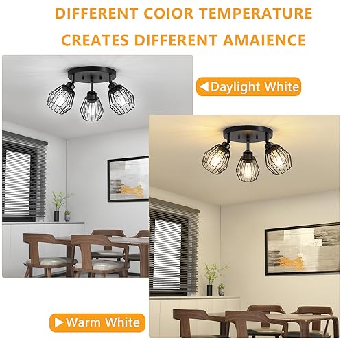 Baocuz 3-Light Kitchen Light Fixtures Ceiling Mount, Adjustable Multi-Directional Farmhouse Black Metal Cage Flush Mount Ceiling Light Fixtures for Hallway Dining Room Entryway - Image 2