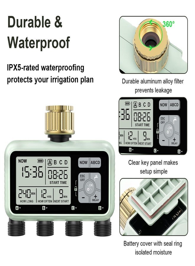 johgee Watering Timer 4 Zone with with Brass Inlet, Sprinkler Timer, Programmable Garden Outdoor Hose Faucet Timers with Rain Delay/Manual/Automatic Watering System,Water Hose Irrigation Timers 4 Outlet - Image 5