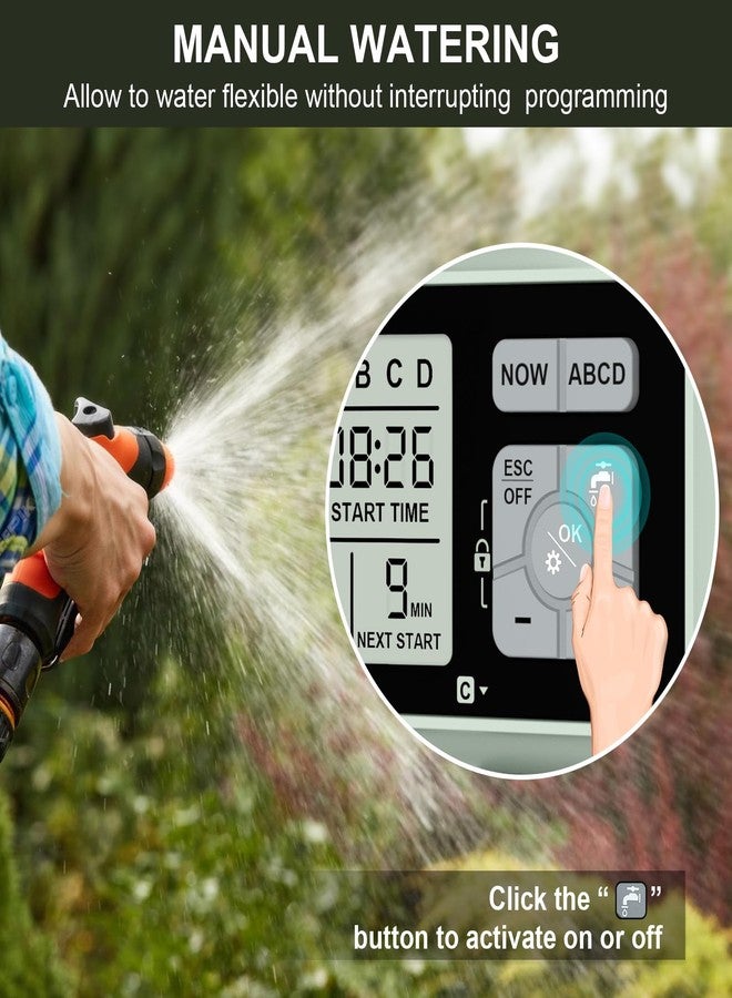 johgee Watering Timer 4 Zone with with Brass Inlet, Sprinkler Timer, Programmable Garden Outdoor Hose Faucet Timers with Rain Delay/Manual/Automatic Watering System,Water Hose Irrigation Timers 4 Outlet - Image 3