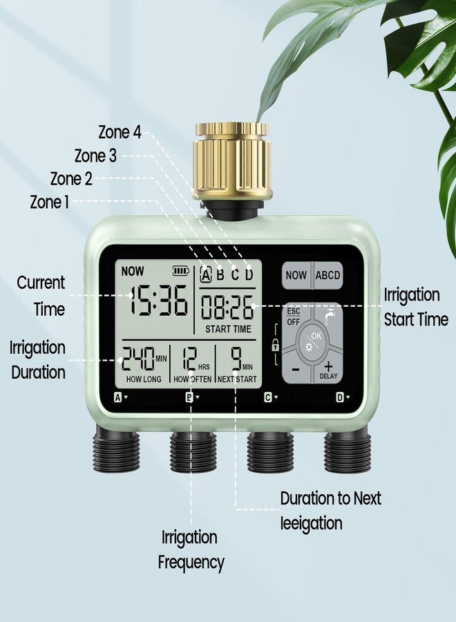 johgee Watering Timer 4 Zone with with Brass Inlet, Sprinkler Timer, Programmable Garden Outdoor Hose Faucet Timers with Rain Delay/Manual/Automatic Watering System,Water Hose Irrigation Timers 4 Outlet - Image 2