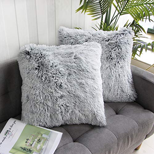 Uhomy 2 Packs Fluffy Accent Pillows Cover 20"x20", Soft Gray Ombre Faux Fur Throw Pillow Case, Modern Luxury Decorative Square Cushion Cover for Farmhouse Home Decor for Sofa/Bed/Chair, 50x50cm - Image 1