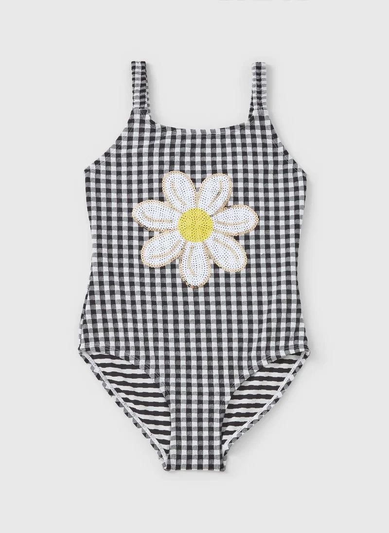 ماتلان Girls Black Check Daisy Swimming Costume