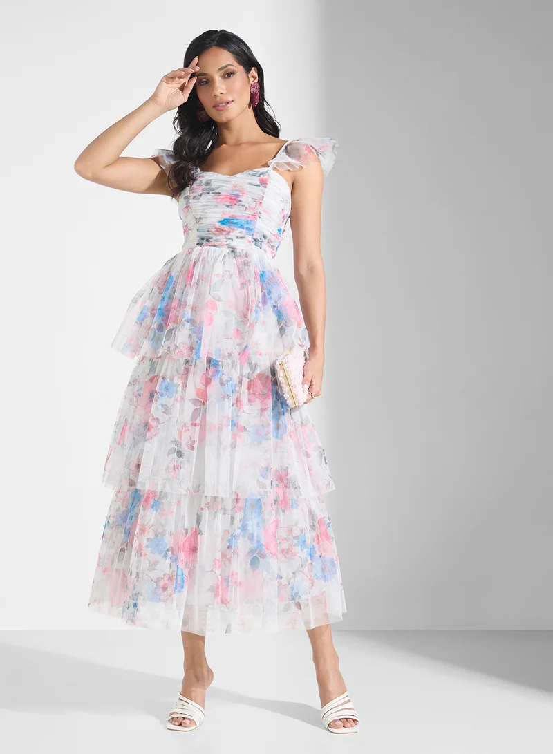 Lace and Beads Floral Tulle Midi Dress
