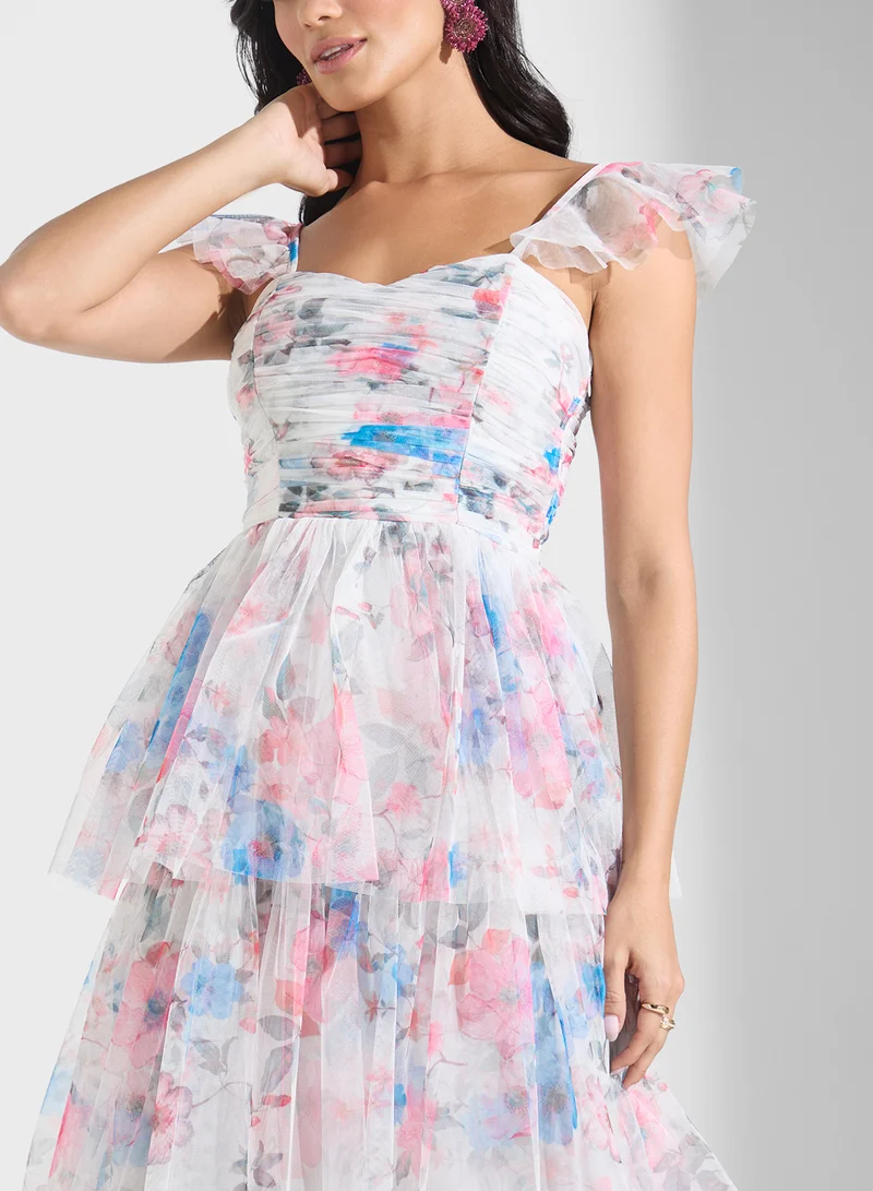 Lace and Beads Floral Tulle Midi Dress
