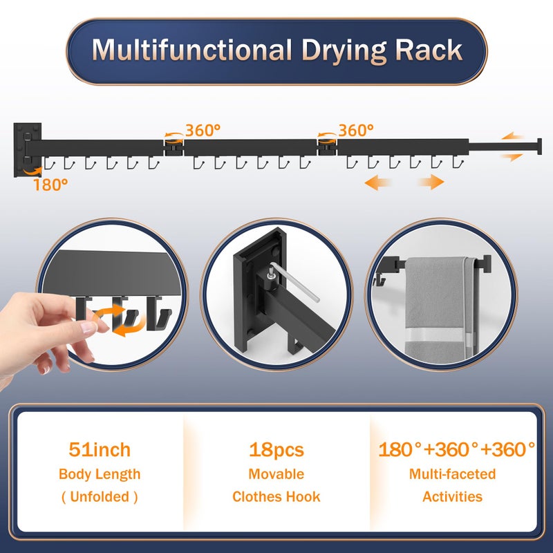 Zdwcyl Clothes Drying Rack Wall Mounted Laundry Rack Wall Wount Drying Rack Clothing For Laundry Retractable Dryer Racks Wall Mounted Drying Rack Collapsible  Black  Sandy Coating 3Z-B01 - Image 5