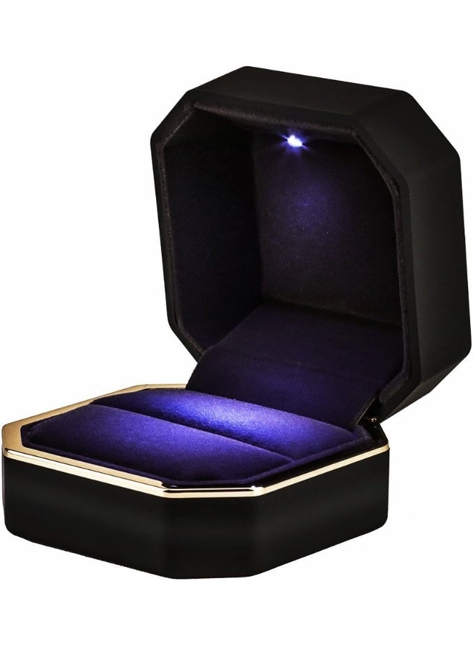 Soofam Luxury Ring Box, Square Wedding Ring Case Jewelry Gift Box with LED, for Engagement Wedding Gift (Black) - Image 1
