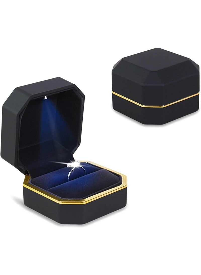 Soofam Luxury Ring Box, Square Wedding Ring Case Jewelry Gift Box with LED, for Engagement Wedding Gift (Black) - Image 4