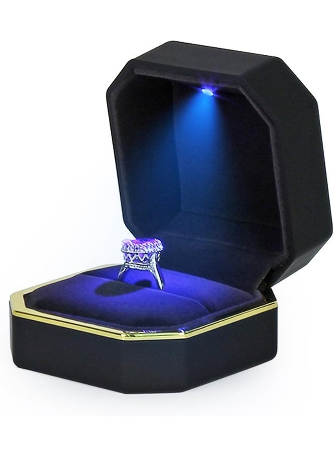 Soofam Luxury Ring Box, Square Wedding Ring Case Jewelry Gift Box with LED, for Engagement Wedding Gift (Black) - Image 3