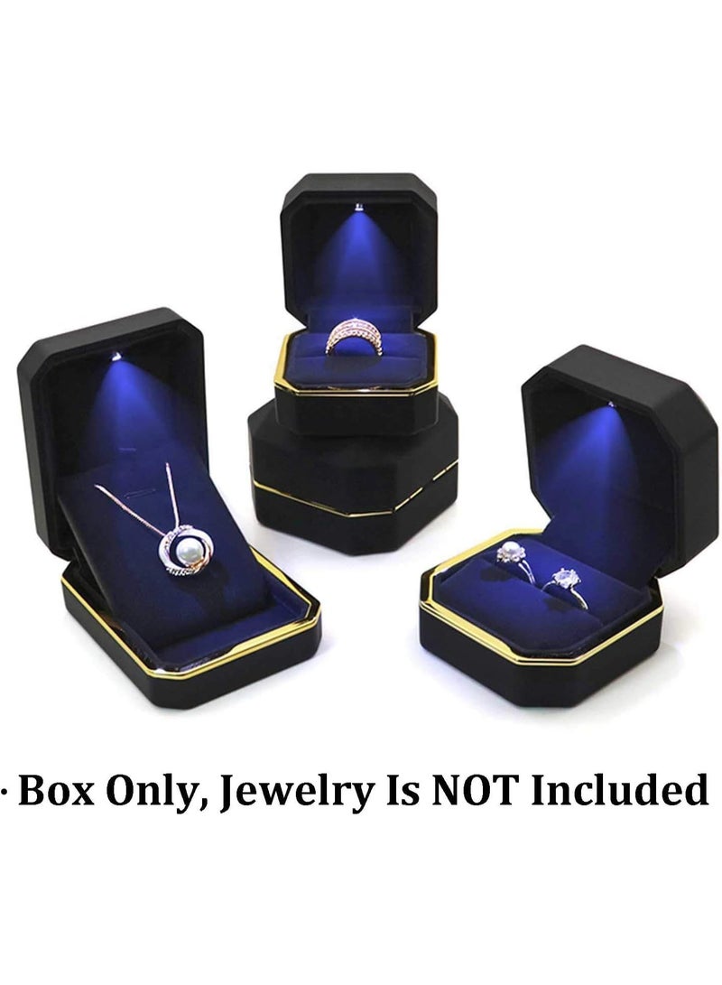 Soofam Luxury Ring Box, Square Wedding Ring Case Jewelry Gift Box with LED, for Engagement Wedding Gift (Black) - Image 5