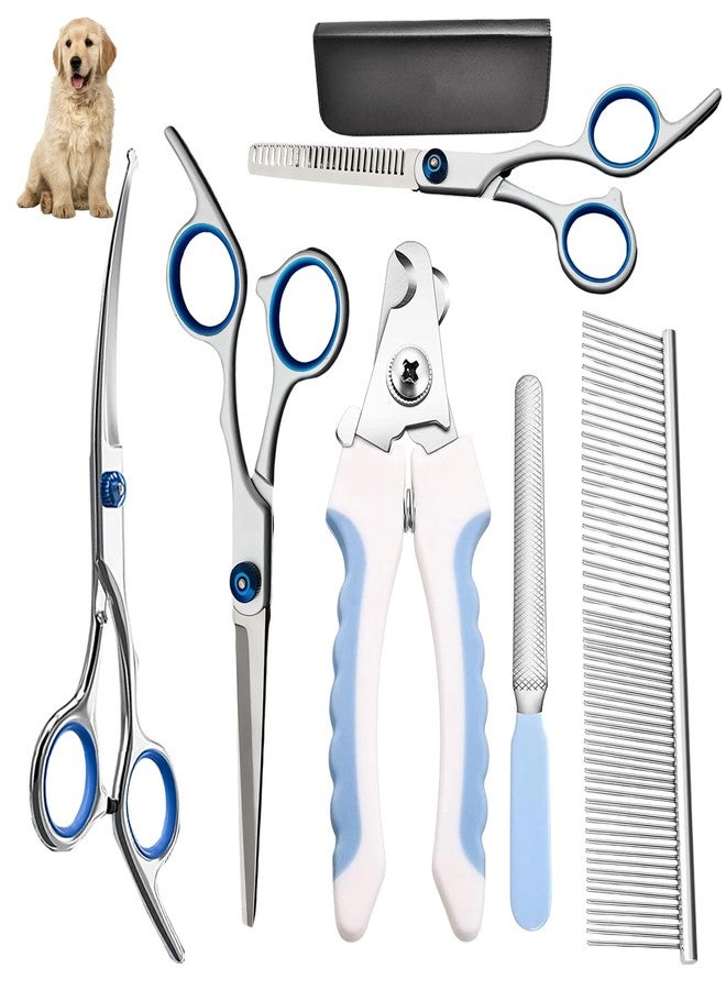 BCNJEPIN Dog Grooming Kit, 7PCS Blue Pet Grooming Scissors Set with 3 Dog Grooming Scissors, 1 Cat Nail Clipper, 1 Cat Hair Brush, 1 Nail File and 1 Storage Bag, Ideal for Pet Trimming, and Hair Care - Image 1