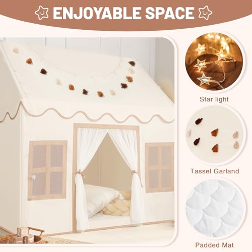 Senodeer Kids Play Tent Indoor: with Brown Checkered, Mat, Rainbow Tissue Garland, Star Lights - Toddler Girl Tent Indoor Playhouse for Toddlers Kids Toys for Boy Girl Birthday Gift for Kids - Image 2